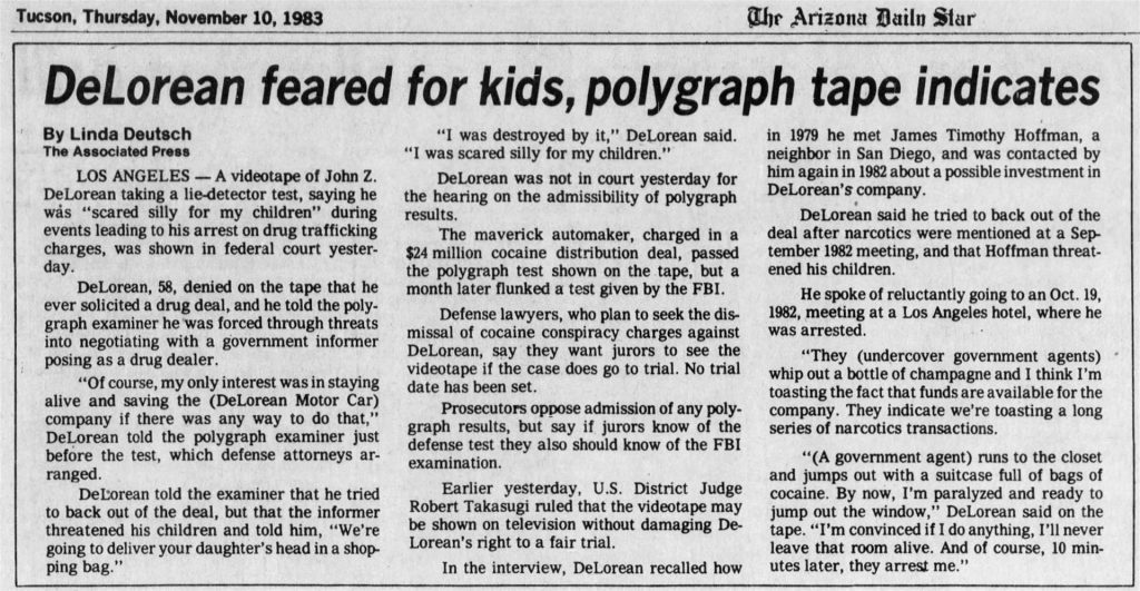 1983-11-10 - Arizona Daily Star - DeLorean feared for kids, polygraph tape indicates | DeLoreanDirectory.com