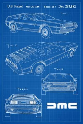 DeLorean Patent Poster - blue grid background | DeLoreanDirectory.com